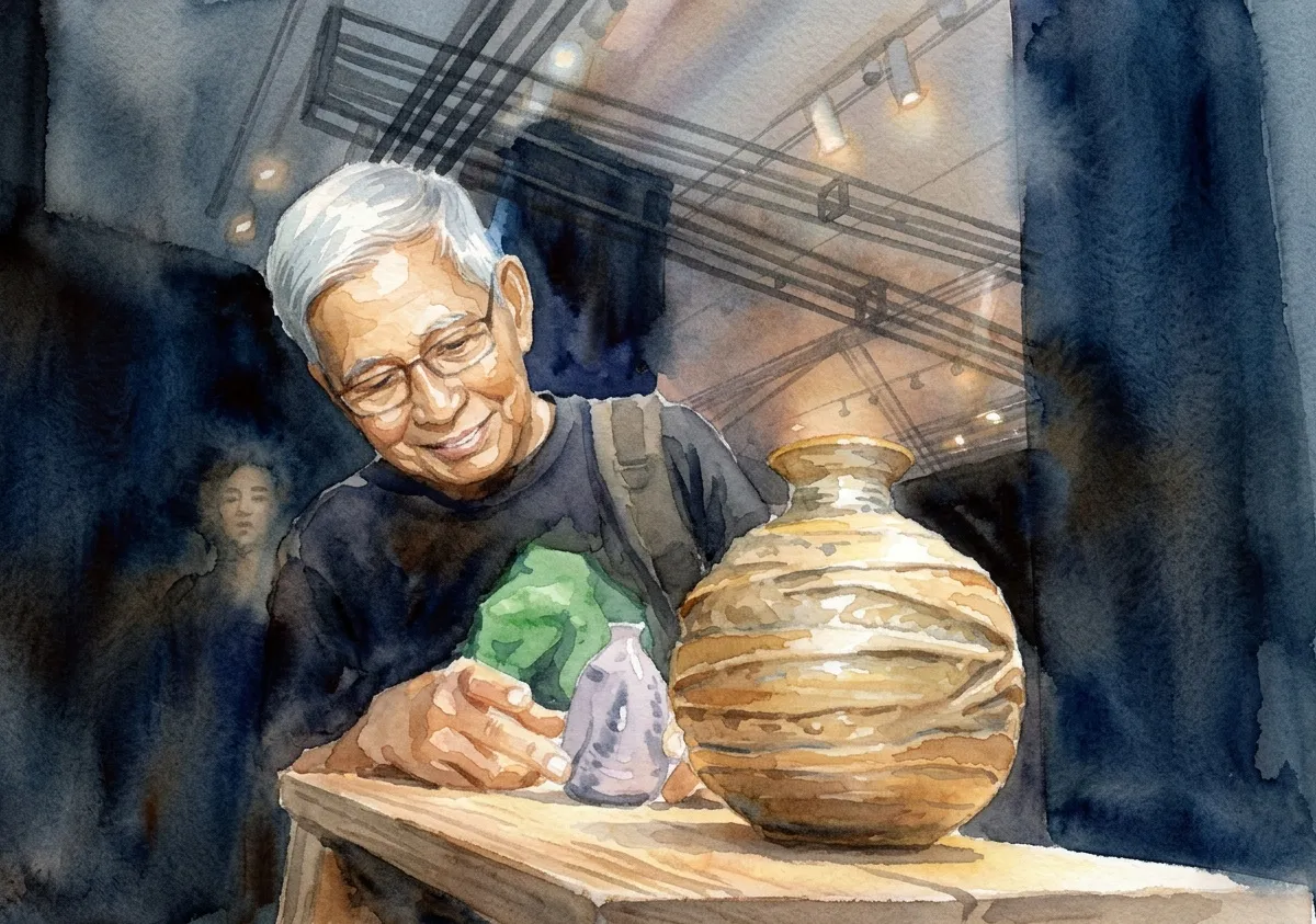 Watercolour illustration for Singapore's master potter still won't call himself an artist