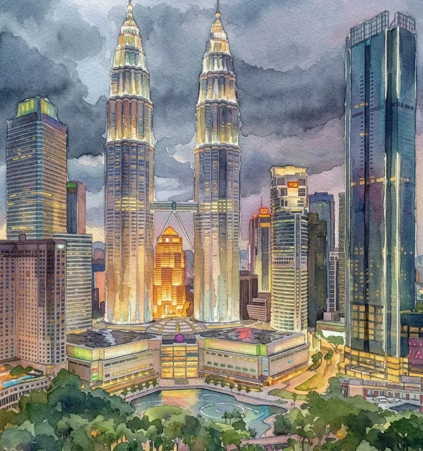 Watercolour illustration for Petronas Twin Towers